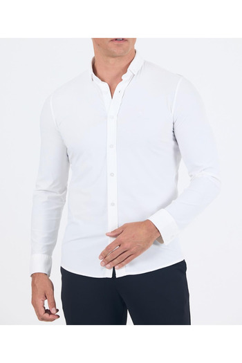 nightblack Slim Fit White Oxford Button Collar Easy-Iron Cotton Shirt with Embroidery Detail