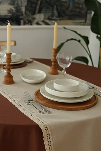 Yakacihome Elora Duck Keten Yıkanabilir Leke Tutmaz Cappuccino Kopenaki Dantel Detaylı Runner 40x140 Cm