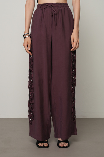Orfeo Negro Women's Stripe Rose and Stone Detailed Solid Color Elastic Waist Wide Leg Trousers