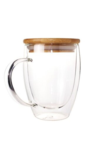 1Chase Double Wall Glass Coffee Mugs With Handle And Bamboo Lid 350ml