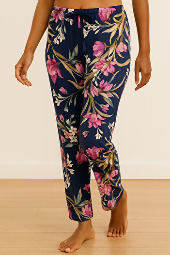 MyBen Navy Blue Floral Patterned Single Bottom Pajamas