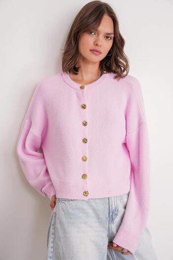 Mixray 6956 Women's Stone Button Detailed Knitwear Soft Cardigan Pink
