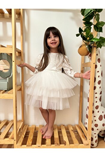 penu baby kids Λευκό βελούδινο μακρυμάνικο φόρεμα για κορίτσια με 3 στρώσεις τούλινη φούστα