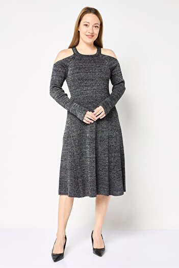 LONDON TIMES Women Metallic Fit and Flare Dress, Heather Black