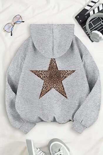 Oksit Leopar Stars Sırt Yıldız Baskılı İçi Pamuklu Unisex Sweatshirt
