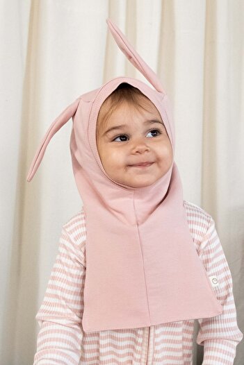 Little Gusto Organik Pamuklu Çift Katlı Tavşan Kulaklı Pembe Balaklava Şapka ve Eldiven Seti