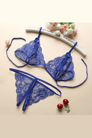 Kuzgun Ticaret Women's Blue Lace Bra Panty Set