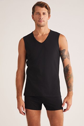 Kom Barry Men's V-Neck Zero Sleeve 100% Cotton 2-Piece Undershirt Set