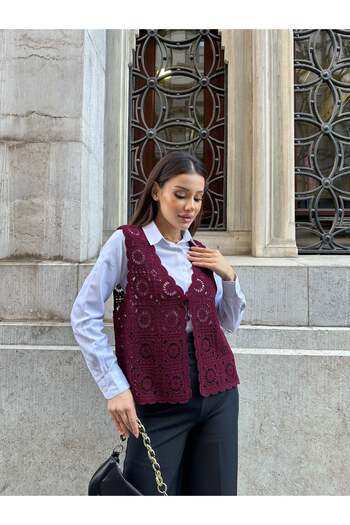 Hatun Atila Hatunatila Floral Patterned Acrylic Sweater Vest 5198 - Burgundy