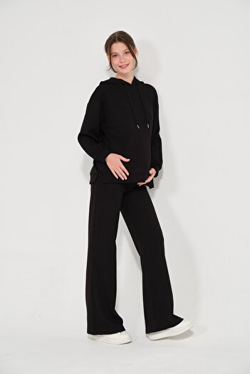 BUSA Maternity Side Zipper Hooded Wide Leg Modal Tracksuit Set Black
