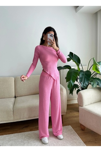 Zoom Butik Asimetrik Bluz & Pantolon Takım - PEMBE