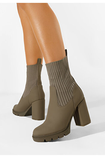 B T Shoes Μποτάκια με χοντρό τακούνι Χακι Lorianna