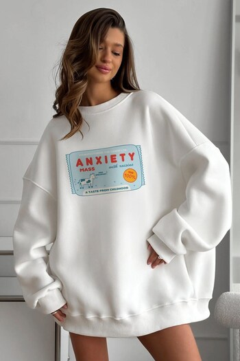 The Champ Clothing Γυναικείο φούτερ oversize φόρεμα Anxiety Bar με στάμπα λευκό – λαιμόκοψη, 3-κλωνο ριγέ φλις
