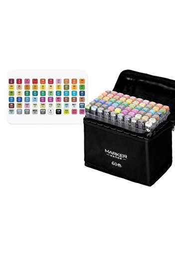 Flippy Set 60 Markere, Flippy, Oil-Based, Dual Tips, Fine 1 mm & Thick 6 mm, Storage Bag, 15 cm, Multicolor