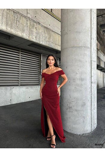 Modafeminen Flowers Flexible Fabric Strap Pleated Detailed Slit Evening Dress 583283 Red