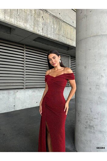 Modafeminen Flowers Flexible Fabric Strap Pleated Detailed Slit Evening Dress 583283 Red