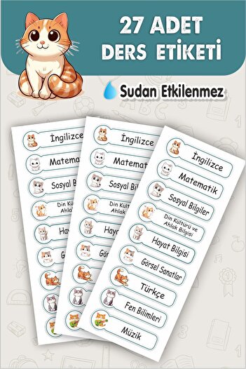 Piksel Grafik School Lesson Label Cute Cats 27 Pieces 8 cm School Lesson Label - Special New Design