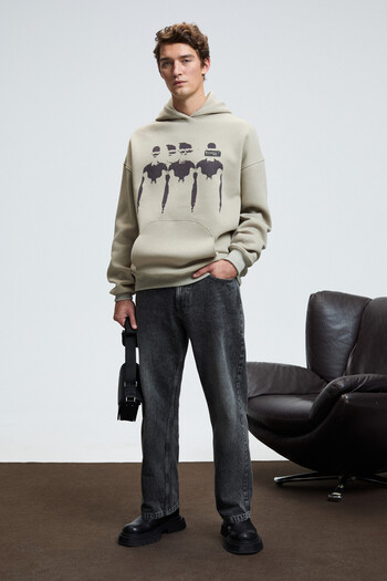 GRIMELANGE Armand Men's Hooded Kangaroo Pocket Oversized Stone Color Sweatshirt with Front Print