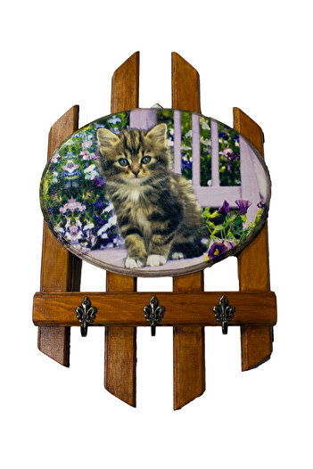 Kumiko Art Handmade wooden coat rack decorated with a cat, 21x3.5x34 cm