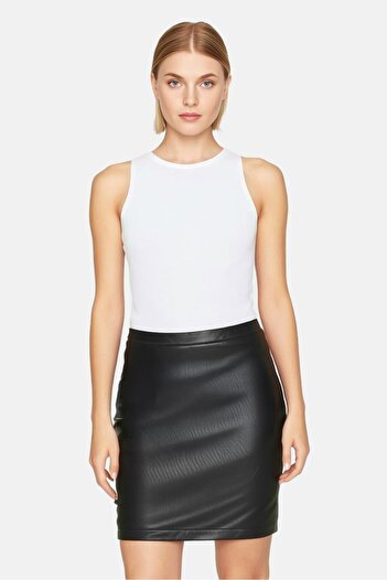 Michael Kors Women Leather Plain Pencil Skirt, Black