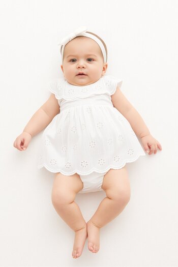 Quiltex Toddlers Girl 3 Pcs Eyelet Dress, Panty and Headband Set, White