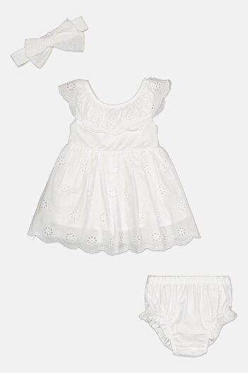 Quiltex Toddlers Girl 3 Pcs Eyelet Dress, Panty and Headband Set, White
