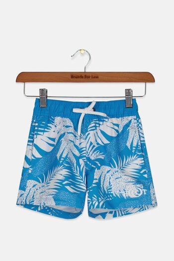 Piping Hot Toddlers Boy Allover Print Drawstring Board Shorts, Blue and White