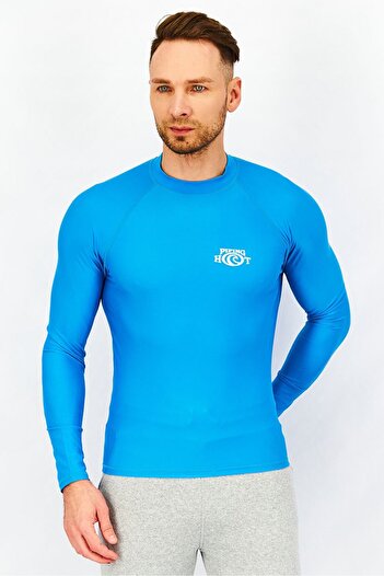 Piping Hot Men Mock Neck Long Sleeve Graphic Print Rash Guard, Blue