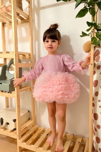 penu baby kids Pembe Pırıltı Kumaş Tütü Etekli Fiyonklu Uzun Kollu Kız Çocuk Kız Bebek Elbise