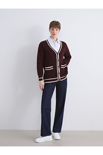 LC Waikiki New Season V-Neck Stripe Detailed Women's Knitwear Cardigan