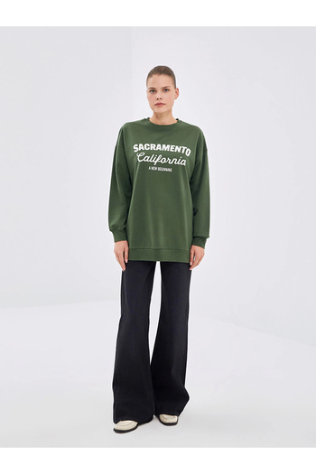 LC Waikiki Lcw Modest Green Crew Neck Printed Women's Sweatshirt Tunic