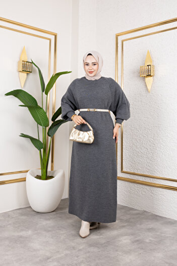 Eliva Women's Gray Balloon Sleeve Knitwear Winter Long Hijab Dress