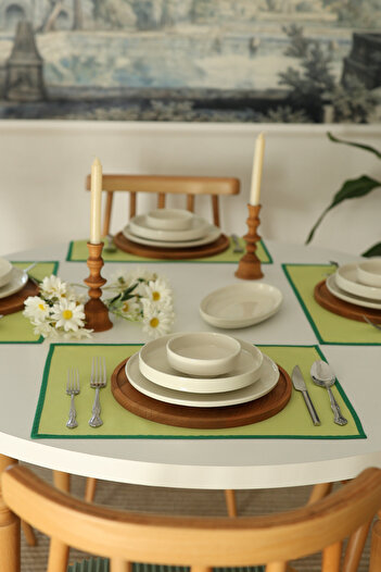 Yakacihome 4-Piece Pera Green Piping Detailed Duck Linen Washable, Stain-Resistant Supla American Service Set