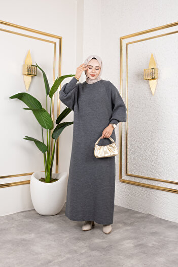 Eliva Women's Gray Balloon Sleeve Knitwear Winter Long Hijab Dress