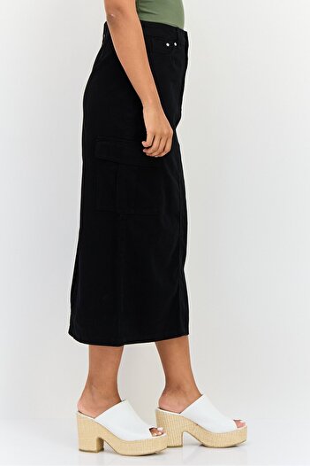 Threadbare Women Solid Denim Midi Skirt, Black