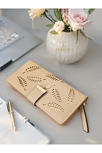 ZERİUM Vintage Leaf Pattern Long Handle Pu Leather Women's Wallet & Card Holder