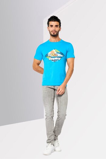 Replay Men Crew Neck Short Sleeves Graphic Print T-Shirt, Aqua Blue