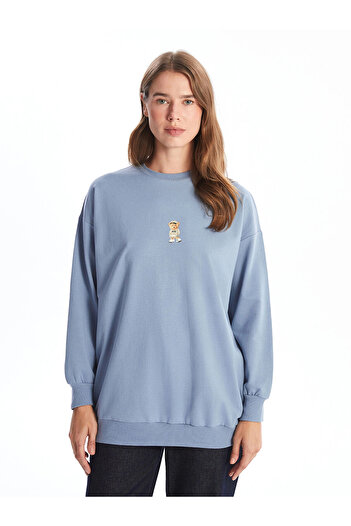 LC Waikiki Lcw Modest Blue Crew Neck Printed Women's Sweatshirt Tunic