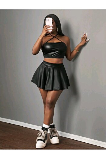MAROVOAY Faux Leather Halter Strapless Top and Mini Flared Skirt Suit 2-Piece Set