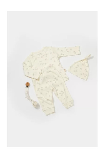 BabyCosy Set 3 Pieces: Blouse, Pants, and Hat - Printed, BabyCosy, 50% Modal + 50% Cotton, Ecru (Size: 6-9 mo
