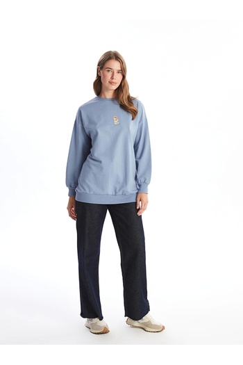 LC Waikiki Lcw Modest Blue Crew Neck Printed Women's Sweatshirt Tunic