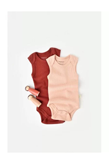 BabyCosy Set of 2 unisex baby sleeveless bodysuits made of cotton and modal - Brick/Salmon