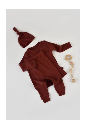 BabyCosy Set 3 pieces: Long-sleeve shirt, long pants, and hat made from cotton and modal - Brick Baby