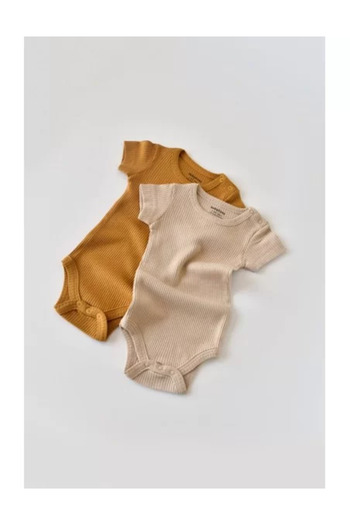 BabyCosy Set of 2 short-sleeved cotton and modal bodysuits - Mustard/Salmon