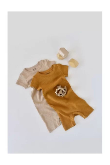 BabyCosy Set of 2 short-sleeved cotton and modal jumpsuits - Mustard/Salmon