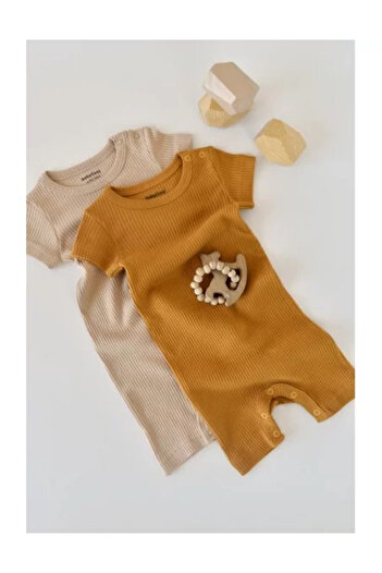 BabyCosy Set of 2 short-sleeved cotton and modal jumpsuits - Mustard/Salmon