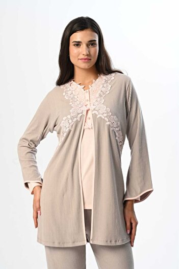 Lohussa Women's Powder Striped Lace Winter Special Design Maternity Maternity Dressing Gown Pajama Set