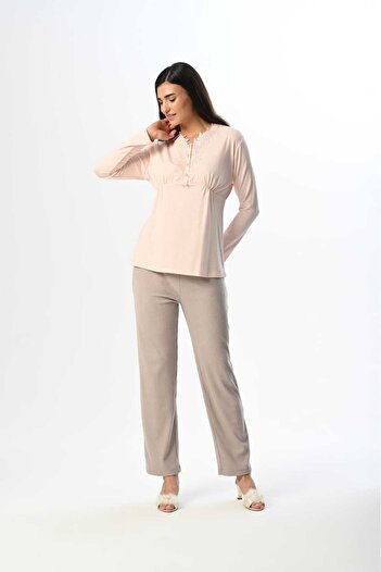 Lohussa Women's Powder Striped Lace Winter Special Design Maternity Maternity Dressing Gown Pajama Set