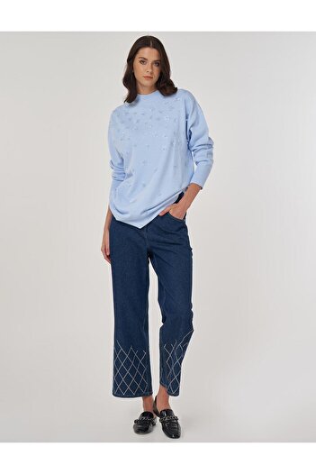 Kayra Floral Appliqued Knitwear Tunic Light Blue
