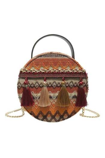 fun zone Bohemian Style Round Sling Bag Yellow/Brown/Orange